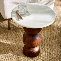 Veer Round White Marble and Solid Acacia Wood Side Table - thumbnail 2