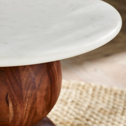 Veer Round White Marble and Solid Acacia Wood Side Table - thumbnail 4