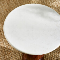 Veer Round White Marble and Solid Acacia Wood Side Table - thumbnail 3