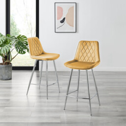 2x Pesaro Mustard Yellow Velvet Counter Stools Silver Legs - thumbnail 3