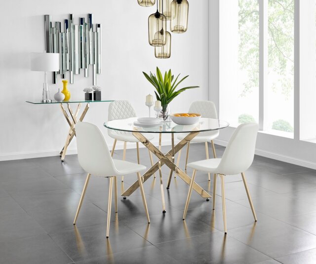 Novara Gold Metal 120cm Large Round Dining Table And 4 Corona Gold Chairs Set - image 1