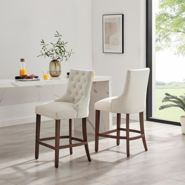 2x Belgravia Beige Fabric Bar Chairs Walnut Effect Legs - image 1
