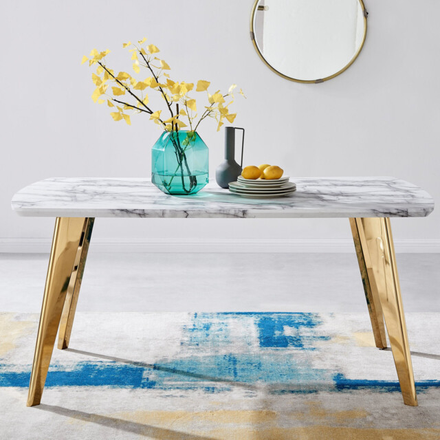 Andria Rectangular White Marble Effect Gold Leg 6 Seater Dining Table - image 1