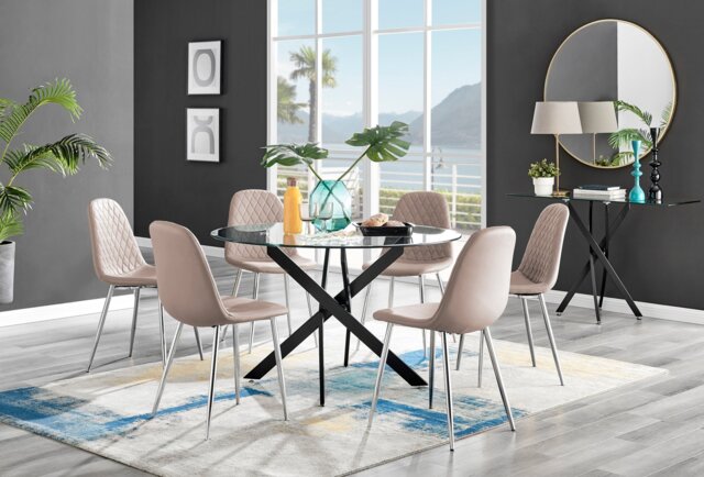 Novara Black Leg 120cm Round Glass Dining Table & 6 Corona Silver Chairs - image 1