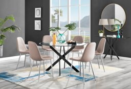 Novara Black Leg 120cm Round Glass Dining Table & 6 Corona Silver Chairs