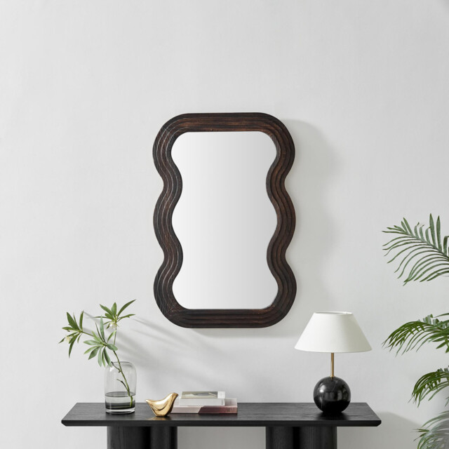 Liora Walnut Wood Medium 90x60cm Rectangle Wavy Wall Mirror - image 1