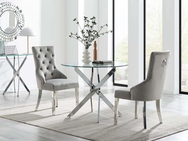 Novara 100cm Round Dining Table and 2 Velvet Belgravia Chrome Knocker Chairs - image 1