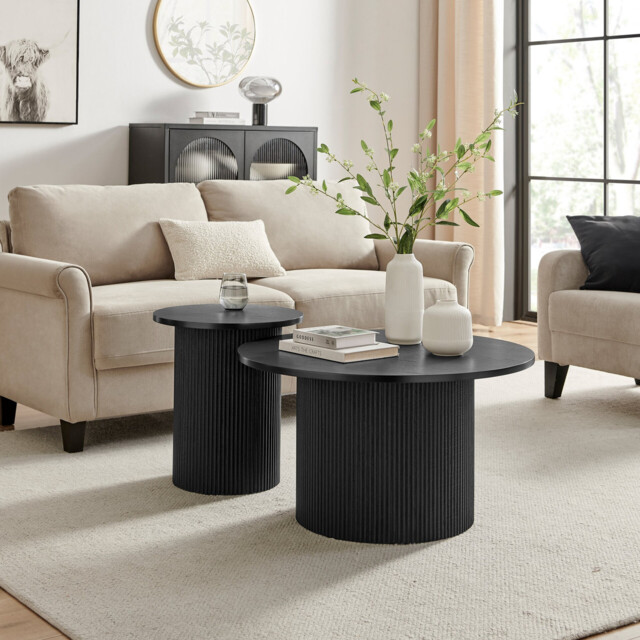 Penrose Black Round Wood Coffee Table and Side Table Set - image 1