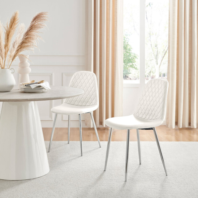 2x Corona White Faux Leather Dining Chairs Silver Legs - image 1