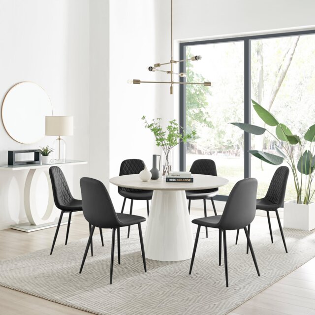 Palma Beige Stone Effect Round Dining Table & 6 Corona Black Leg Chairs - image 1