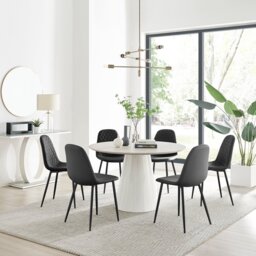 Palma Beige Stone Effect Round Dining Table & 6 Corona Black Leg Chairs - thumbnail 1