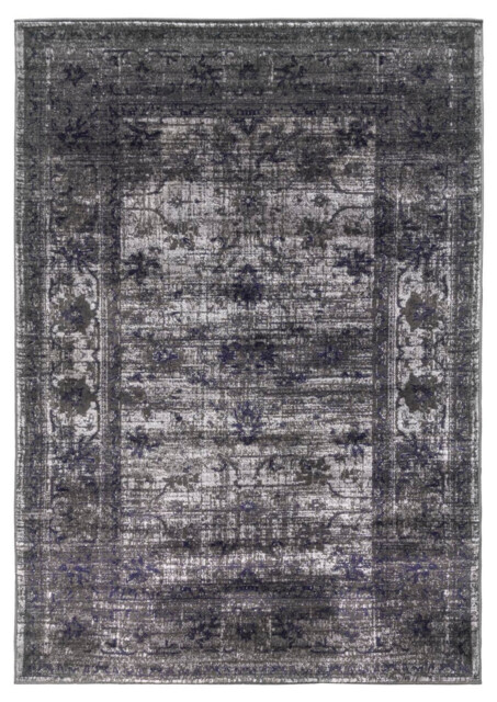 Vintage Timeless Shabby-Chic Floral Distressed Rug in Grey - 80x150cm - image 1