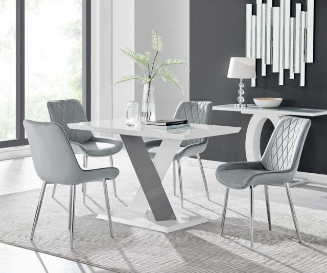 Furniturebox Monza 4 White/ Dining Table & 4 Pesaro Silver Leg Chairs, Velvet/Metal/Engineered Wood in Grey - Size: 53x87x63 cm - image 1