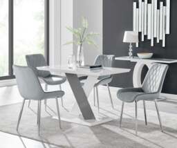 Furniturebox Monza 4 White/ Dining Table & 4 Pesaro Silver Leg Chairs, Velvet/Metal/Engineered Wood in Grey - Size: 53x87x63 cm