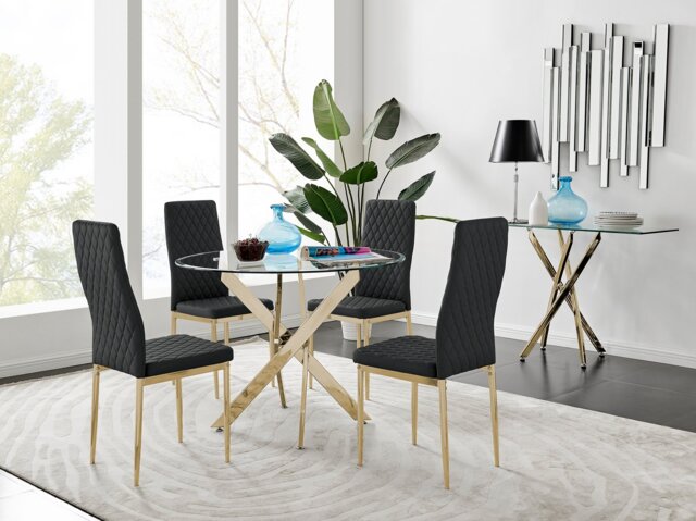 Novara 100cm Gold Round Dining Table and 4 Gold Leg Milan Chairs - image 1