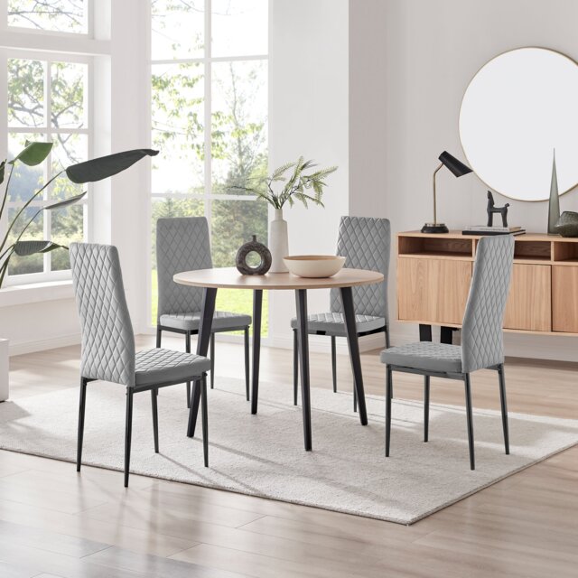 Koko Oak Effect Round Dining Table & 4 Velvet Milan Black Leg Chairs - image 1