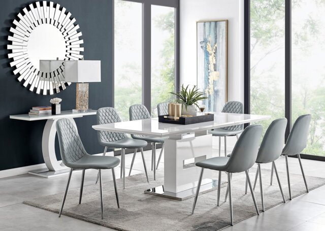 Arezzo Large Extending Dining Table and 8 Corona Silver Leg Chairs - image 1