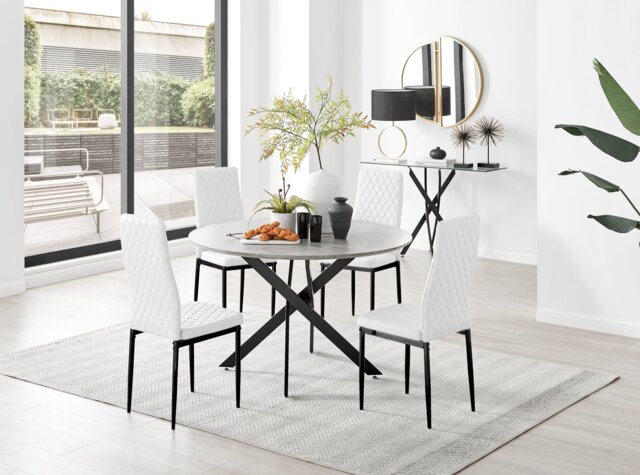 Novara Grey Concrete Effect Black Leg 120cm Round Dining Table & 4 Milan Black Leg Chairs - image 1
