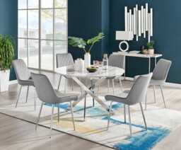 Novara White Marble 120cm Round Dining Table & 6 Pesaro Silver Leg Chairs - thumbnail 2