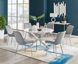 Novara White Marble 120cm Round Dining Table & 6 Pesaro Silver Leg Chairs - thumbnail 1