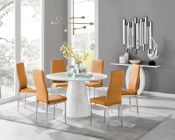 Palma White High Gloss Round Dining Table & 6 Milan Chrome Leg Chairs - thumbnail 1