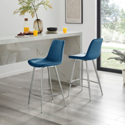 2x Pesaro Navy Blue Velvet Counter Stools Silver Legs