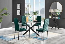 Novara Black Leg 120cm Round Glass Dining Table & 4 Velvet Milan Black Leg Chairs - thumbnail 2