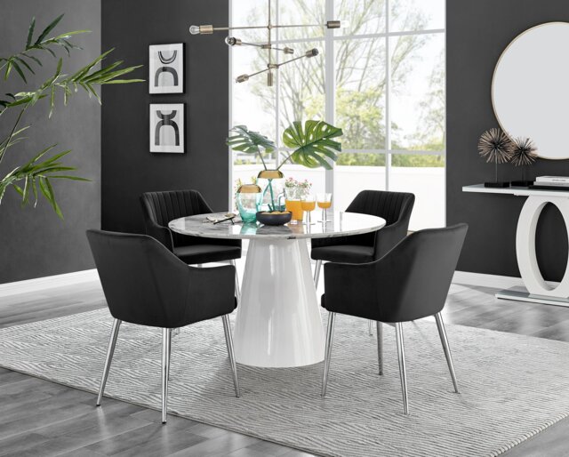 Palma White Marble Effect Round Dining Table & 4 Calla Silver Leg Chairs - image 1