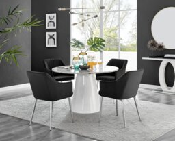 Palma White Marble Effect Round Dining Table & 4 Calla Silver Leg Chairs - thumbnail 1