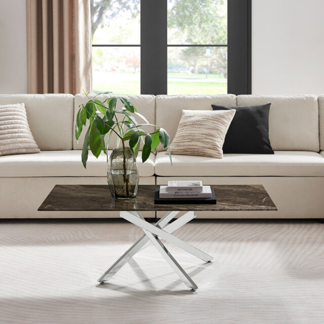 Leonardo Rectangle Brown/Grey Marble Glass & Silver Coffee Table - image 1