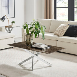 Leonardo Rectangle Brown/Grey Marble Glass & Silver Coffee Table - thumbnail 2