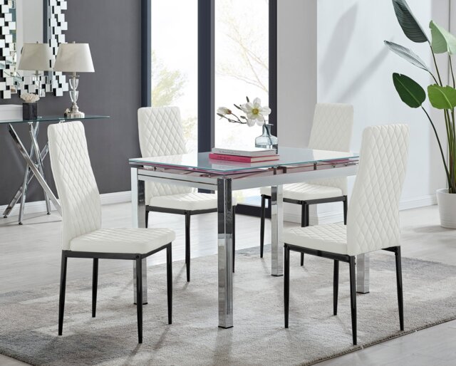 Enna White Glass Extending Dining Table and 4 Milan Black Leg Chairs - image 1