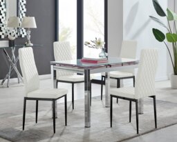 Enna White Glass Extending Dining Table and 4 Milan Black Leg Chairs - thumbnail 1