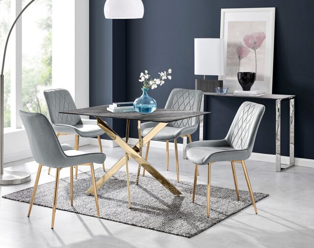 Leonardo Brown/Grey Glass Marble Effect Gold Leg Table & 4 Pesaro Gold Leg Chairs - image 1