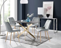 Leonardo Brown/Grey Glass Marble Effect Gold Leg Table & 4 Pesaro Gold Leg Chairs - thumbnail 1