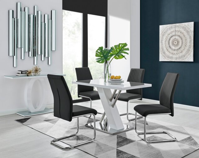 Sorrento 4 White High Gloss And Chrome Dining Table And 4 Lorenzo Chairs Set - image 1