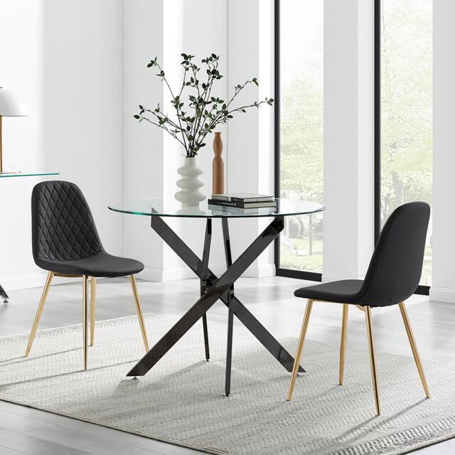 Novara 100cm Round Black Leg Dining Table & 2 Corona Gold Chairs - image 1