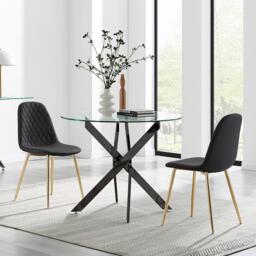 Novara 100cm Round Black Leg Dining Table & 2 Corona Gold Chairs - thumbnail 1