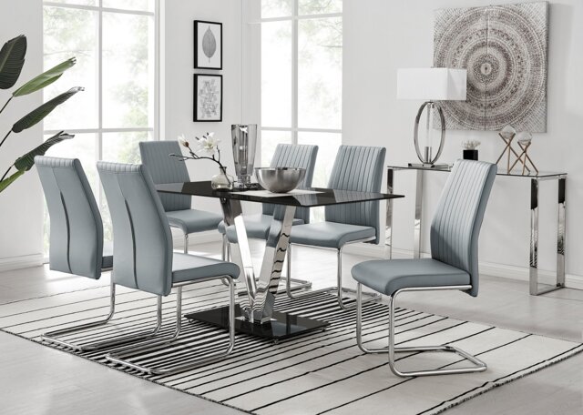 Florini Black Glass And Chrome Metal Dining Table And 6 Lorenzo Dining Chairs Set - image 1