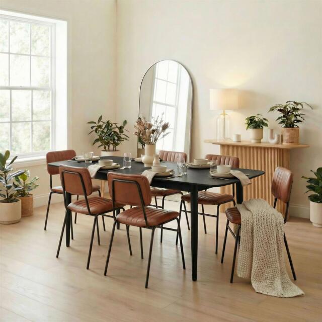 Leif Black Wood Extending Dining Table with 6 Tan Delta Chairs - image 1