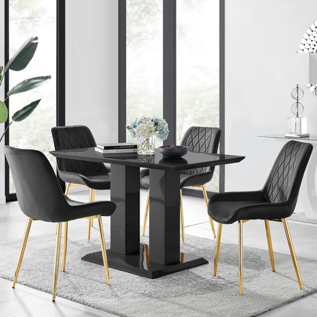 Furniturebox Imperia 4 Dining Table and 4 Pesaro Gold Leg Chairs, Engineered Wood/Velvet/Metal in Black - Size: 53x87x63 cm - image 1