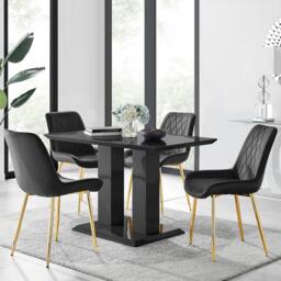 Furniturebox Imperia 4 Dining Table and 4 Pesaro Gold Leg Chairs, Engineered Wood/Velvet/Metal in Black - Size: 53x87x63 cm