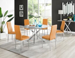 Novara Grey Concrete Effect 120cm Round Dining Table & 6 Milan Chrome Leg Chairs