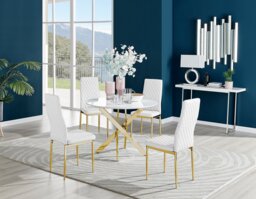 Novara White Gloss Gold Leg Round Dining Table & 4 Milan Gold Leg Chairs