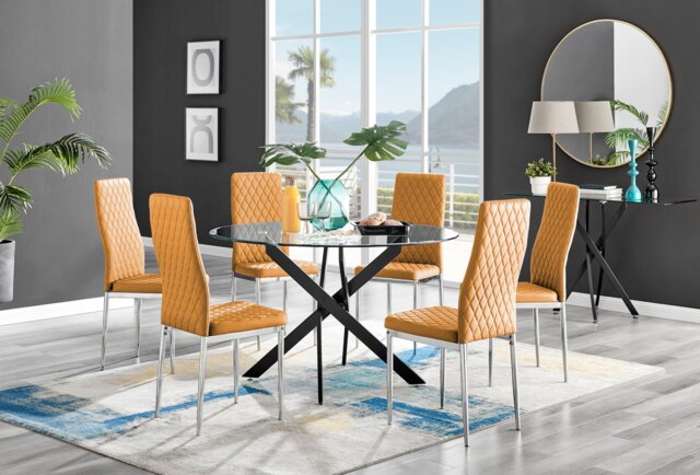 Novara Black Leg 120cm Round Glass Dining Table & 6 Milan Chrome Leg Chairs - image 1