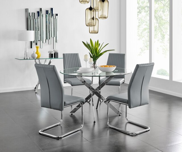 Novara Chrome Metal And Glass Large 120cm Round Dining Table And 4 Lorenzo Chairs Set - image 1