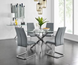 Novara Chrome Metal And Glass Large 120cm Round Dining Table And 4 Lorenzo Chairs Set - thumbnail 1