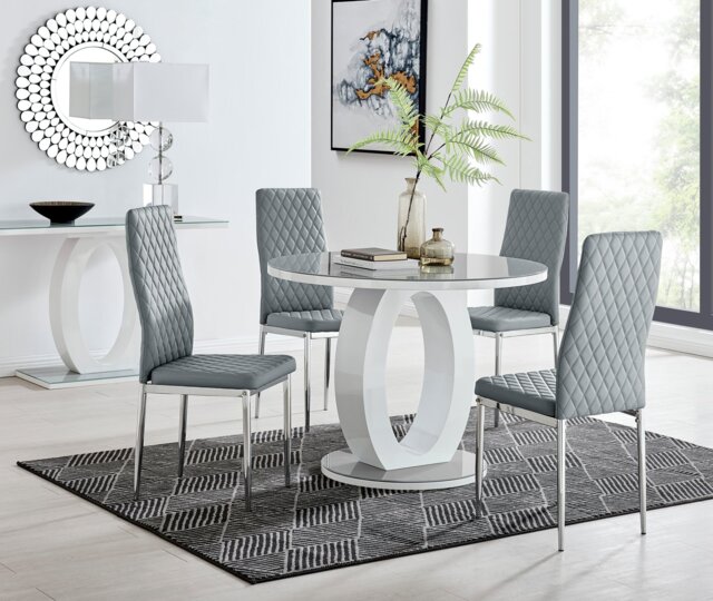 Giovani Grey White High Gloss And Glass 100cm Round Dining Table And 4 Milan Chairs Set - image 1