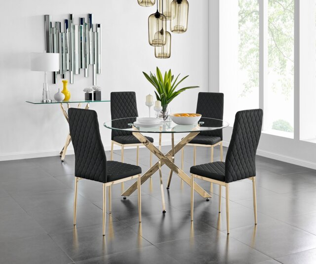Novara 120cm Gold Round Dining Table and 4 Gold Leg Milan Chairs - image 1