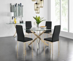 Novara 120cm Gold Round Dining Table and 4 Gold Leg Milan Chairs - thumbnail 1
